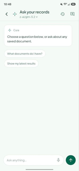 The Ask screen, with suggested questions and a text field.